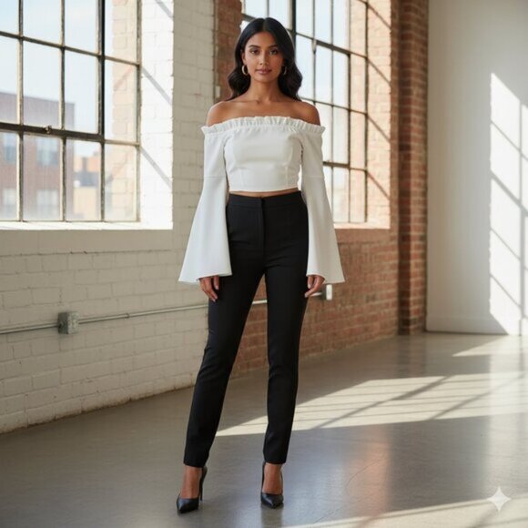 Women's Essue Top Blouse Off Shoulder Split Wide Flare Sleeve Cropped Off White - Picture 3 of 14